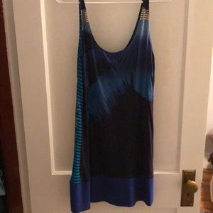 Blue tropical tunic length tank top, express, M